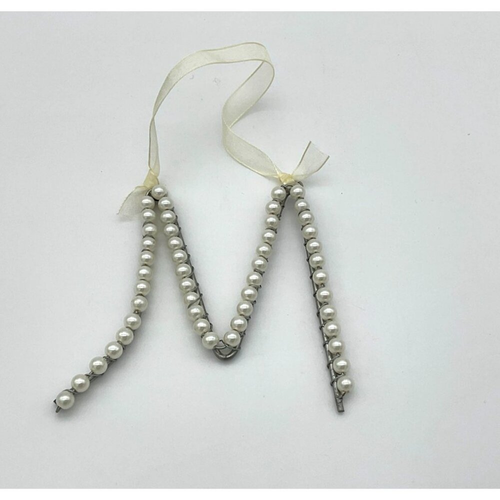 Initial Script "M" Metal and Imitation Pearls VTG Ornament with Ribbon Hanger